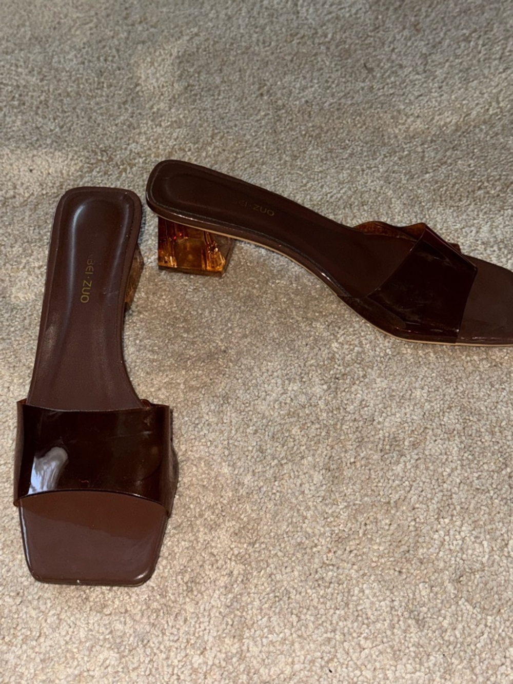Zara Dark Brown Patent Slide Sandals with Amber Lucite Block Heel